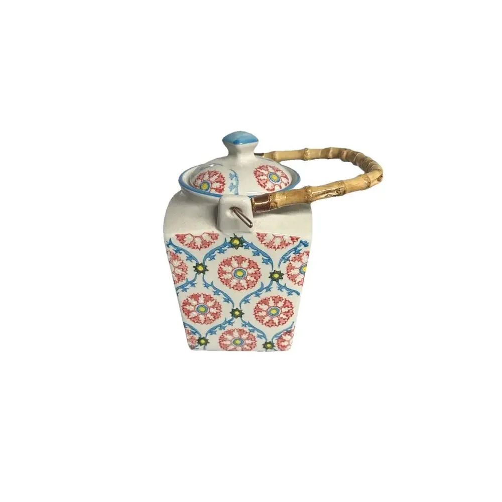 Vintage Ceramic Teapot Light Blue Trim Pink Floral Pattern Ribbon Design Tea Pot